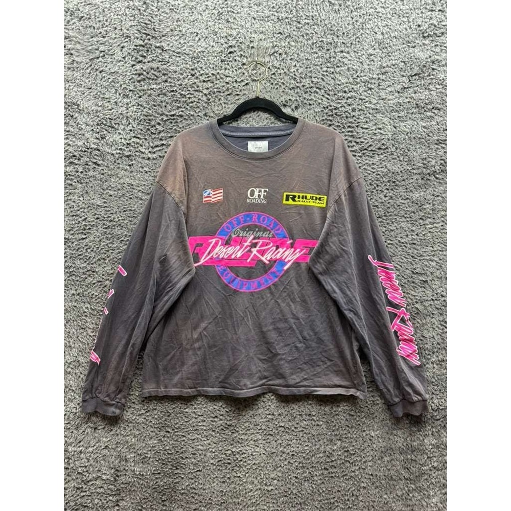 Rhude Desert Racing Cotton Crew Neck Long Sleeve Graphic Shirt‎ Grey Mens Size L